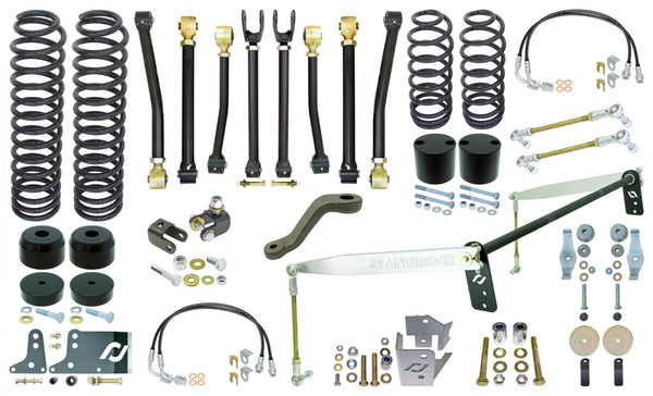 Johnny Joint Suspension System 07-18 Wrangler JK 2 Dr 4 Inch Lift W/Springs, Adj. Cntrl Arms F S/B Links R Antirock S/B w/ Alum. Arms F/R Bmp Stp R Coil Sprg Ret. F/R Ext. Brk Ln F/R T/B Reloc. F/R Shk Reloc. Pitman Arm RockJock 4x4